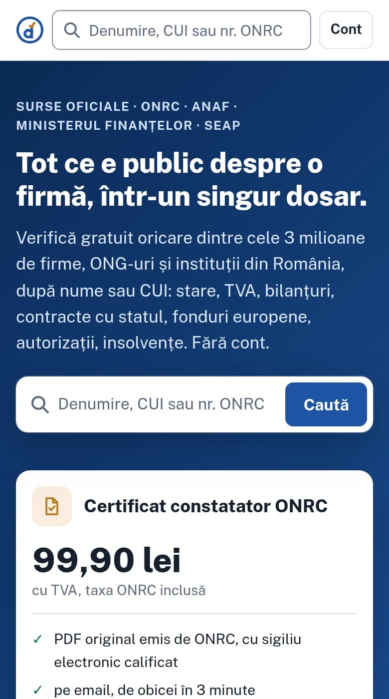 dosarfirma.ro — captură de ecran, mobil